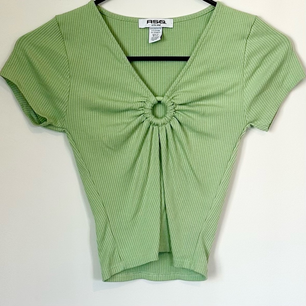 RSQ Light Green Ribbed V-Neck Blouse - Size: Extra Small